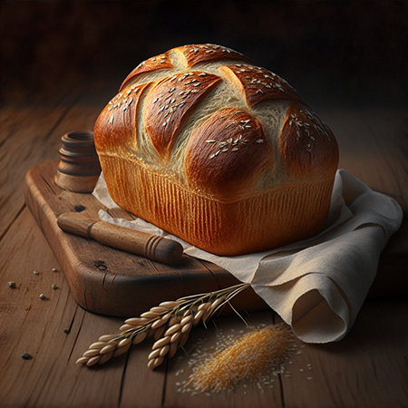 Loaf of bread with grains and ears of wheat on wooden backgroundの素材
