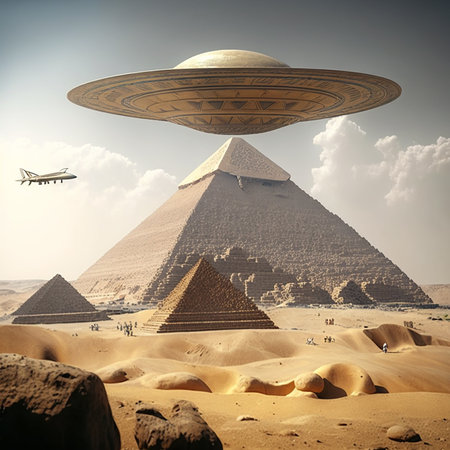 The Great Pyramid of Giza and the UFO flying over it.の素材