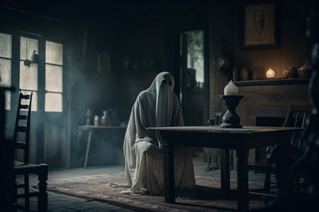 Scary ghost in the kitchen. Halloween concept. Selective focusの素材
