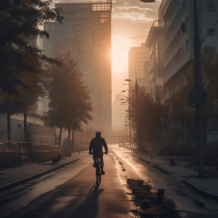 Cyclist riding a bicycle on the city street at sunset.の素材