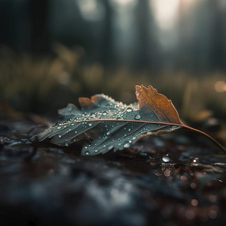Leaf with dew drops in the autumn forest. natural backgroundの素材