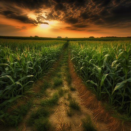 Sunset over cornfield, 3D render of a cornfieldの素材