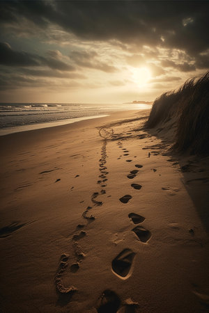 Footprints in the sand on a beach at sunset. Long exposure.の素材