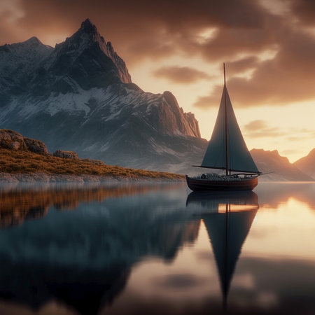 Sailing boat on the lake in the mountains at sunset. 3d renderの素材