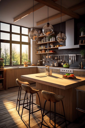 Interior of a modern kitchen in a loft style. 3D renderの素材