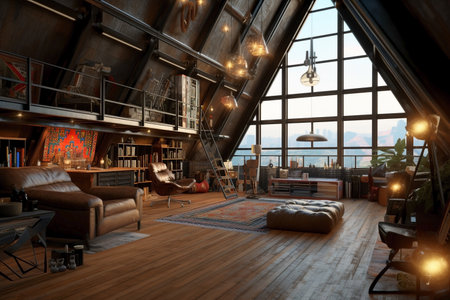 3d render of a living room in a loft with a wooden roofの素材
