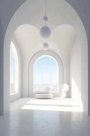 White room with a large window and a round podium. 3d renderの素材