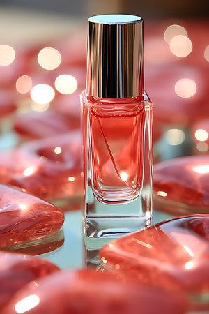 Pink nail polish bottle on a glass table with red hearts in the backgroundの素材