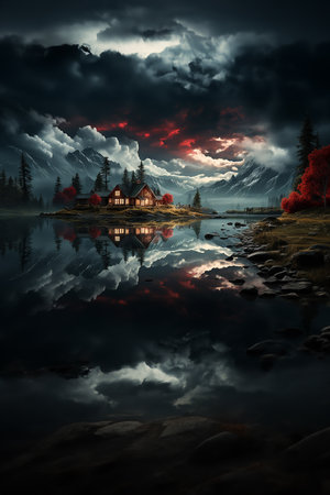 Fantasy landscape with a red house in the middle of a lakeの素材