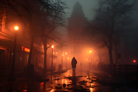 Man walking in the foggy city street at night. Foggy cityscape.の素材