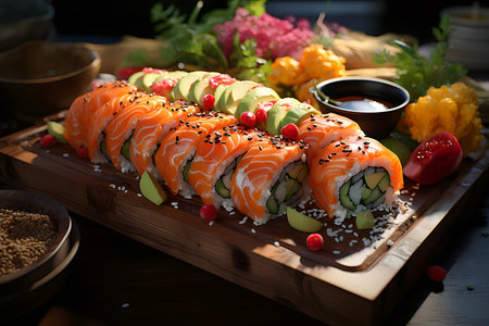 Sushi roll with salmon, avocado and cucumber on wooden boardの素材