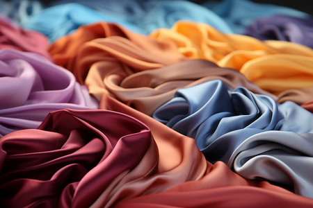 Colored silk fabric as background, closeup. Textile industryの素材