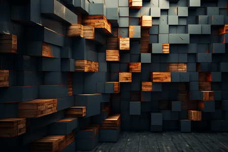 Abstract dark interior with wooden cubes. 3D Rendering mock upの素材