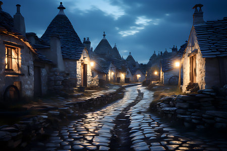 Mystical fairytale village at night. 3d renderの素材