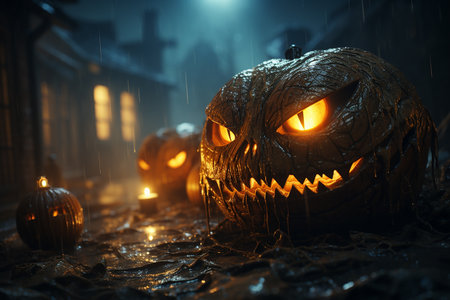 Halloween pumpkins with scary faces in spooky dark forest. Halloween concept. Selective focusの素材