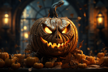 Halloween pumpkin head jack o lantern on dark background. Halloween conceptの素材
