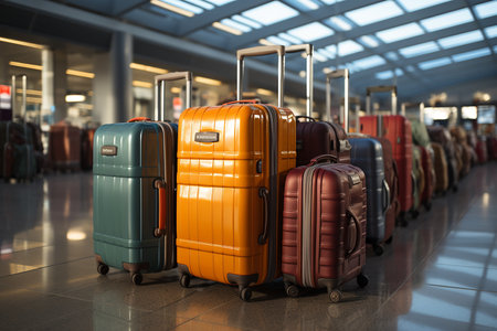 Pile of colorful suitcases in airport terminal. Travel and tourism conceptの素材