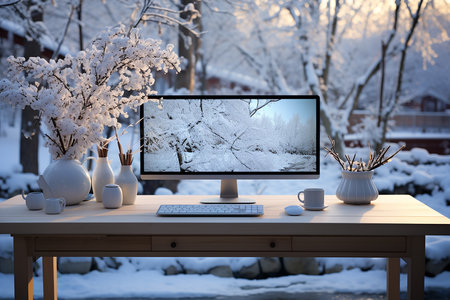 workplace with computer on table in front of snow covered landscape in winterの素材