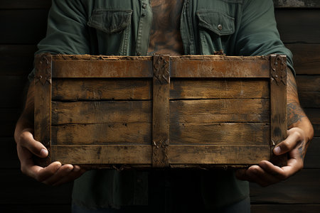 Man holding wooden box on dark background, closeup. Space for textの素材
