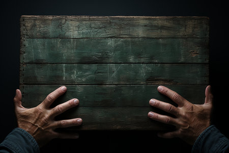 Hands holding a wooden board on a dark background with copy spaceの素材