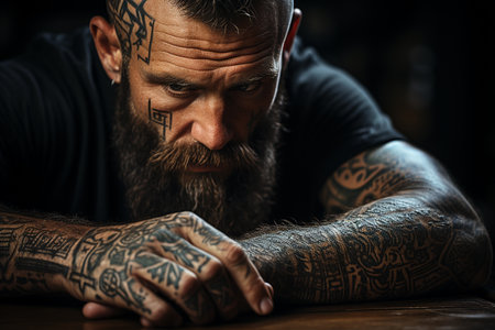 Tattooed bearded tattooed man sitting at the table.の素材
