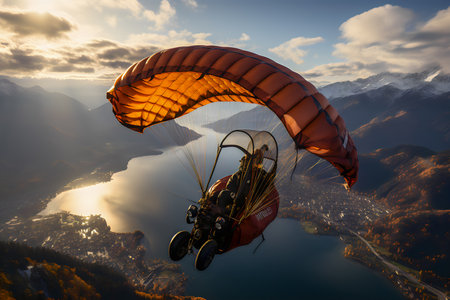 Paraglider flying over lake and mountains at sunset, Switzerlandの素材