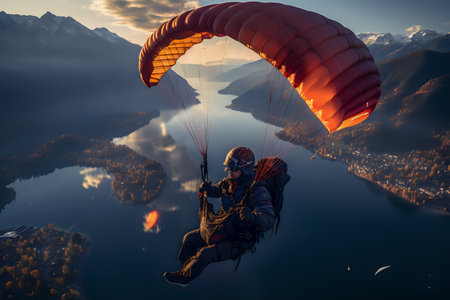 Paraglider flying over the lake. 3D Renderの素材