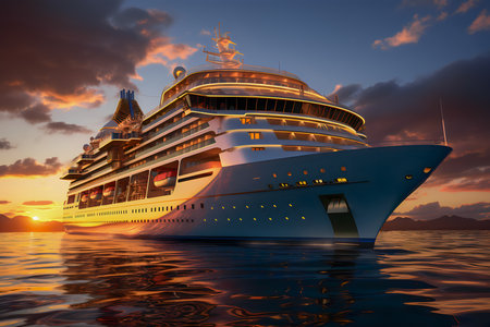 Cruise ship in the sea at sunset. 3d Renderの素材