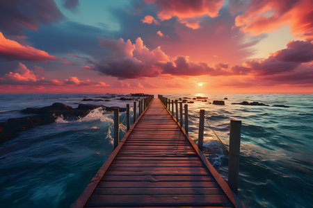 Beautiful seascape with wooden jetty. Dramatic sunset over the sea.の素材