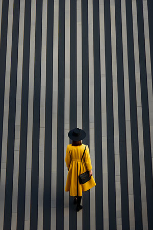 Back view of woman in yellow coat and black hat standing on gray wallの素材