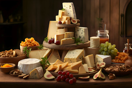 Cheese platter with variety of cheeses, grapes, nuts and honeyの素材