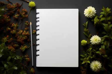 Blank notebook with flowers on black background. Flat lay, top viewの素材