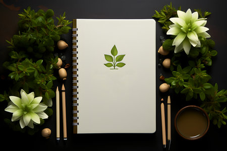Notebook with plant on black background. Flat lay, top view.の素材