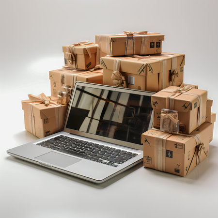 3D rendering of a stack of cardboard boxes and laptop on white backgroundの素材