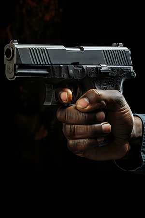 Man's hand in black glove holding a gun on a dark backgroundの素材