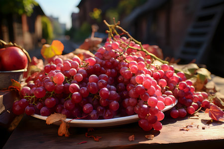 Bunch of red grapes on a wooden table, selective focus.の素材