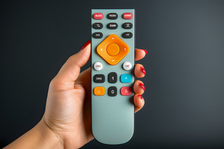 Female hand holding a remote control on a gray background, close-upの素材