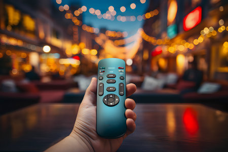Hand holding TV remote control on the background of the night city.の素材