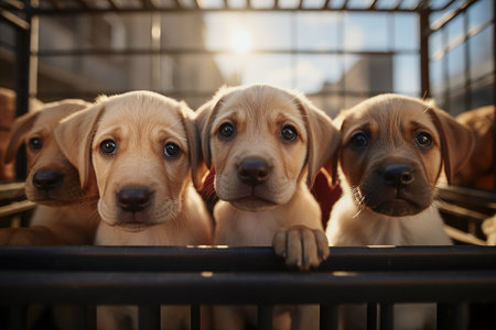Labrador retriever puppies in animal shelter, closeup of photoの素材