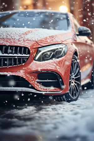 Car covered with snow in the city. Winter car in the city.の素材