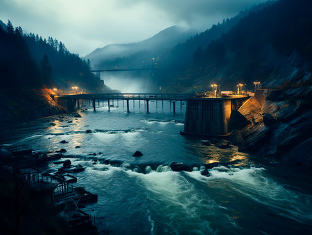 Mountain river at night with fog and lights. Toned.の素材