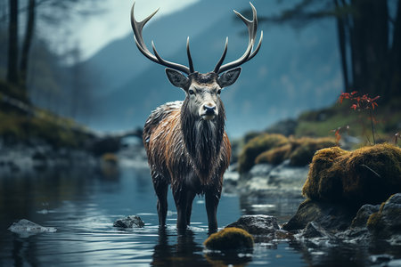 Majestic Red Deer (Cervus elaphus) stag standing in water during rutting seasonの素材