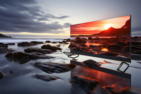 Tv screen on the beach at sunset. 3d render.の素材