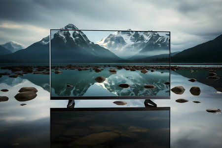 TV screen with mountain reflection in the lake. 3D Renderingの素材