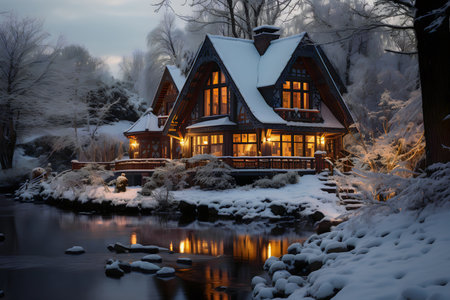 Beautiful wooden house on the bank of the river in winter.の素材