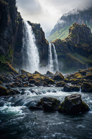 Waterfall in the mountains of Faroe Islands. Long exposure.の素材