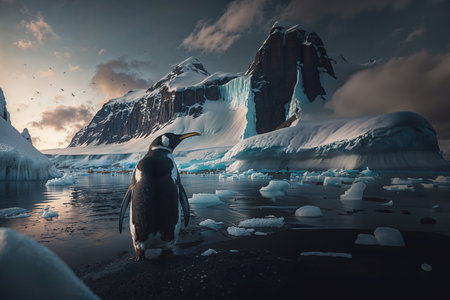Gentoo penguin on the shore of icebergs, Antarcticaの素材