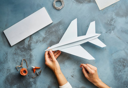 Creative flat lay top view mockup of female hands holding paper origami airplane on blue concrete background copy spaceの素材