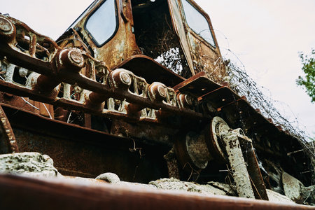 Old abandoned rusty broken tractor. Tractor in a landfill.の写真素材