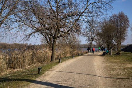 Path in a park by the shore of a lake with people strolling on a sunny day